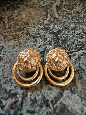 Anne Klein Gold Lion Head Hoop Drop Earrings